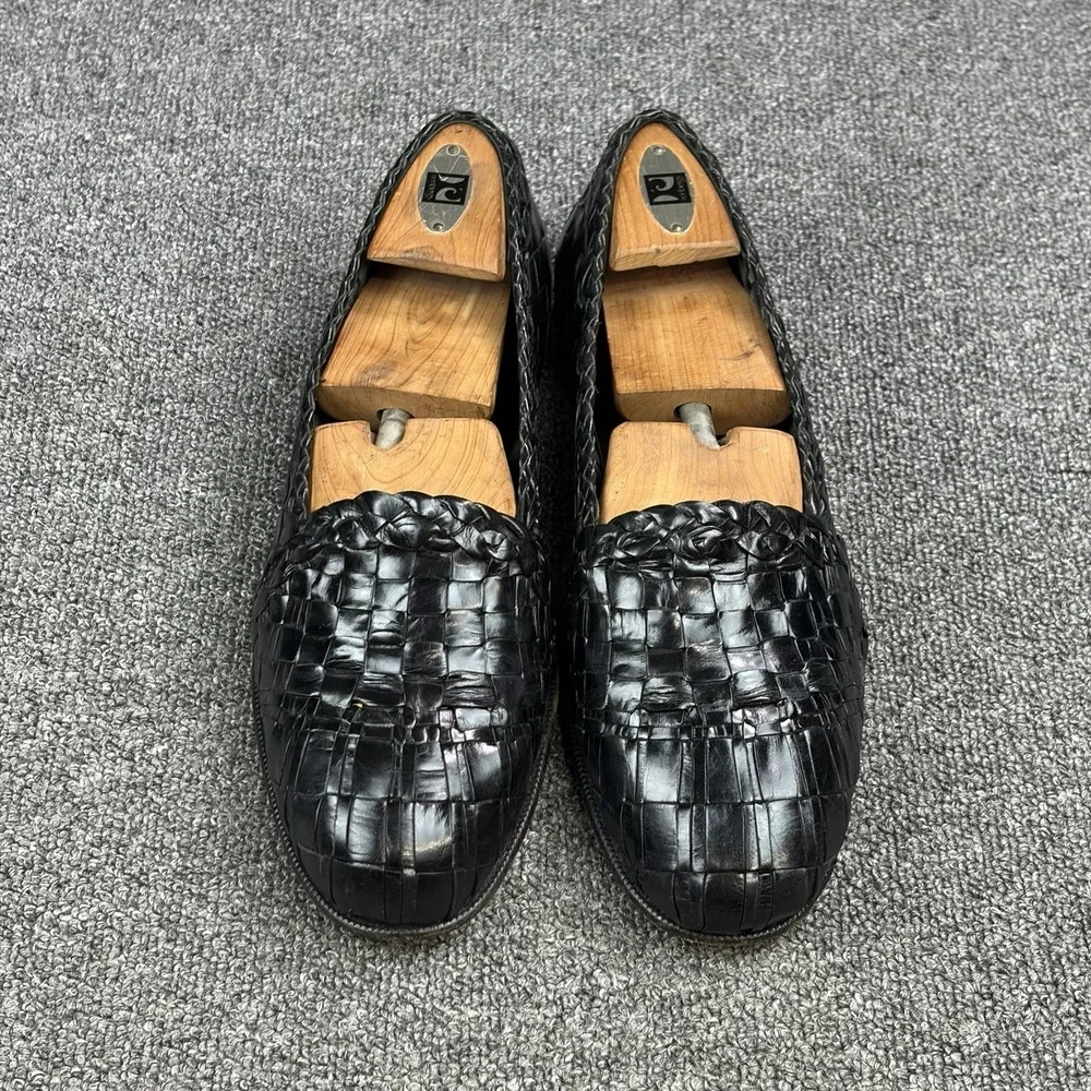 Moreschi Woven Leather Loafers Mens 9.5 Black Handmade Italy Huarache Slip On